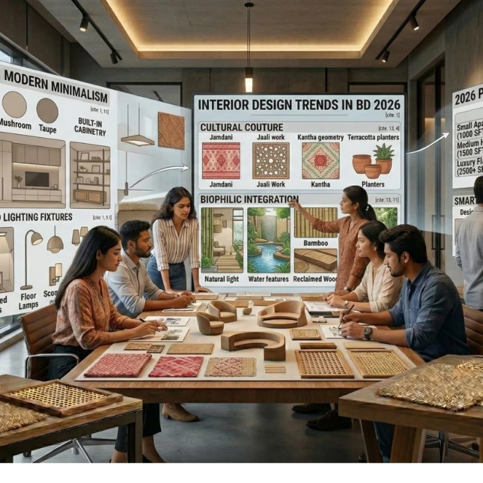 Modern living room in Dhaka featuring Cultural Couture jaali work and warm minimalist furniture.